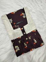 Front Open Cotton Nighty With Buttons, 55 Inches Long, Hakoba Yoke, 3/4th Sleeves - Brown - Image 3