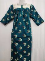 Front Open Cotton Nighty With Buttons, 55 Inches Long, Hakoba Yoke, 3/4th Sleeves- Green - Image 4