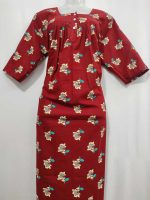 Front Open Cotton Nighty With Buttons, 55 Inches Long, 3/4th Sleeves - Red - Image 4