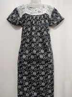 Front Open Cotton Nighty With Buttons, 55 Inches Long - Black + White - Image 4