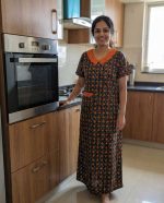 Comfortable Churidar Model Cotton Nighty, 55 Inches Long, Peter Pan Collar - Black + Orange - Image 2