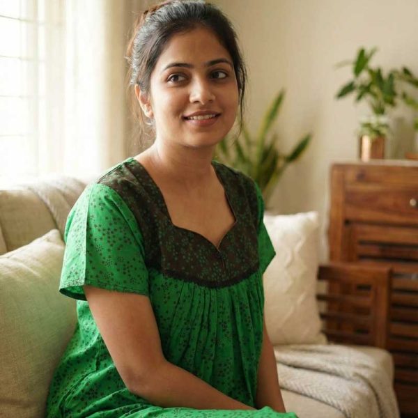 Front Open Cotton Nighty With Buttons, 55 Inches Long - Green + Black