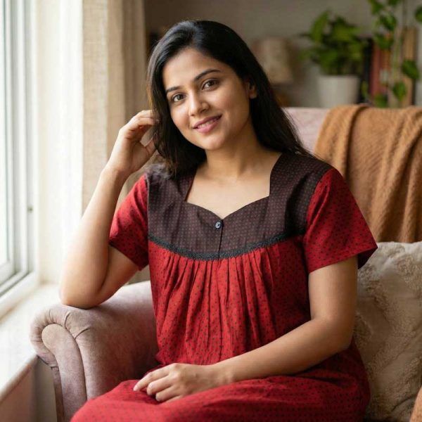 Front Open Cotton Nighty With Buttons, 55 Inches Long - Red + Black