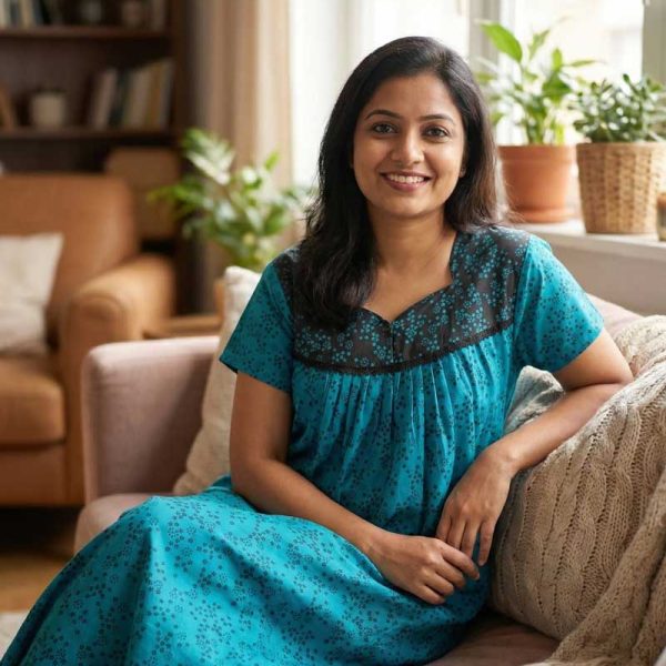 Front Open Cotton Nighty With Buttons, 55 Inches Long - Blue + Black