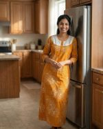 Comfortable Churidar Model Cotton Nighty, 55 Inches Long, 3/4th Sleeves - Yellow - Image 2