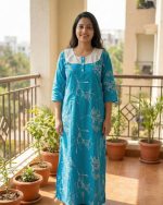 Comfortable Churidar Model Cotton Nighty, 55 Inches Long, 3/4th Sleeves - Blue - Image 2
