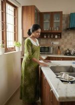 Comfortable Churidar Model Cotton Nighty, 55 Inches Long, 3/4th Sleeves - Green - Image 2