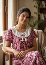 Traditional Cotton Nighty, 55 Inches Length, Round Hakoba Yoke - Red