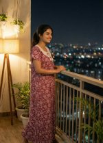 Traditional Cotton Nighty, 55 Inches Length, Round Hakoba Yoke - Red - Image 2