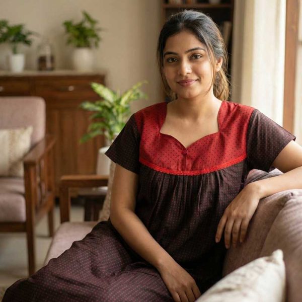 Front Open Cotton Nighty With Buttons, 55 Inches Long - Black + Red