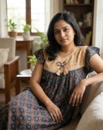 Traditional Cotton Nighty, 55 Inches Length - Blue