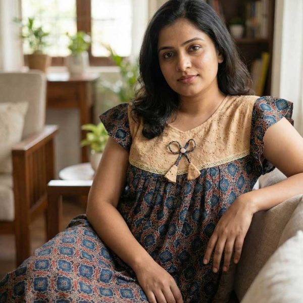 Traditional Cotton Nighty, 55 Inches Length - Blue