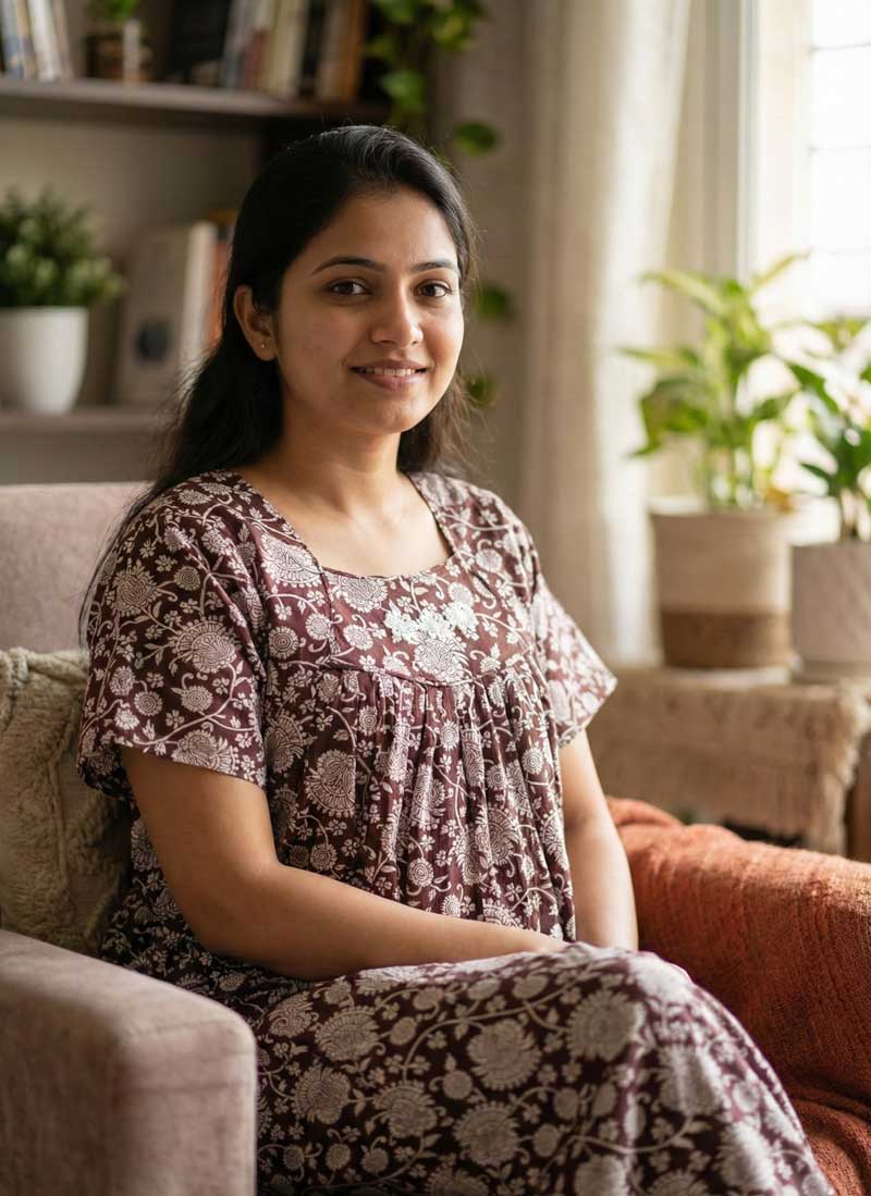 V1 Traditional Cotton Nighty, 55 Inches Length - Brown - Image 1