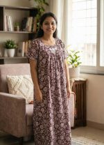 Traditional Cotton Nighty, 55 Inches Length - Brown - Image 2