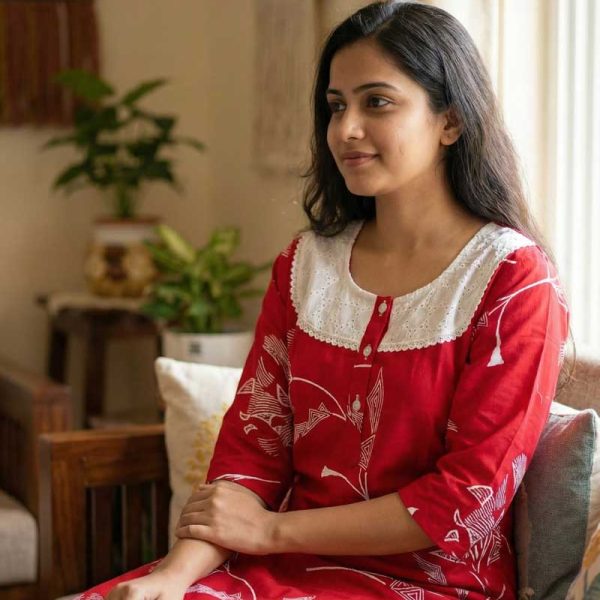 Comfortable Churidar Model Cotton Nighty, 55 Inches Long, 3/4th Sleeves - Rose