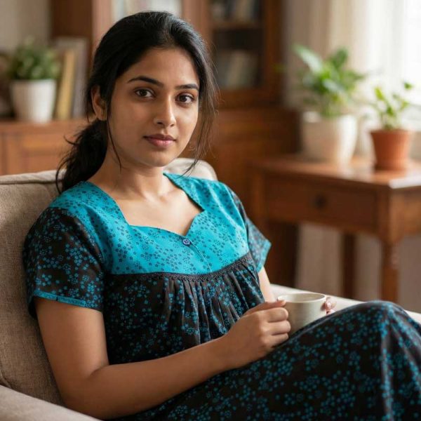 Front Open Cotton Nighty With Buttons, 55 Inches Long - Black + Blue