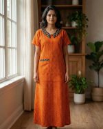 Comfortable Churidar Model Cotton Nighty, 55 Inches Long, Peter Pan Collar - Orange - Image 2