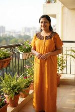 Comfortable Churidar Model Cotton Nighty with Buttons - 55 Inches Long - Yellow - Image 2