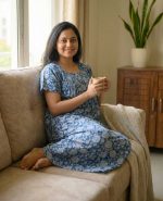 Comfortable Front Open Cotton Nighty With Buttons - 55 inches long - Blue