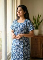 Comfortable Front Open Cotton Nighty With Buttons - 55 inches long - Blue - Image 2