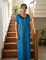 Comfortable Churidar Model Cotton Nighty with Buttons - 55 Inches Long - Blue - Image 2