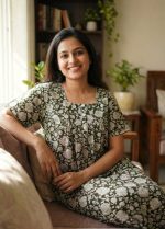 Comfortable Front Open Cotton Nighty With Buttons - 55 inches long - Green