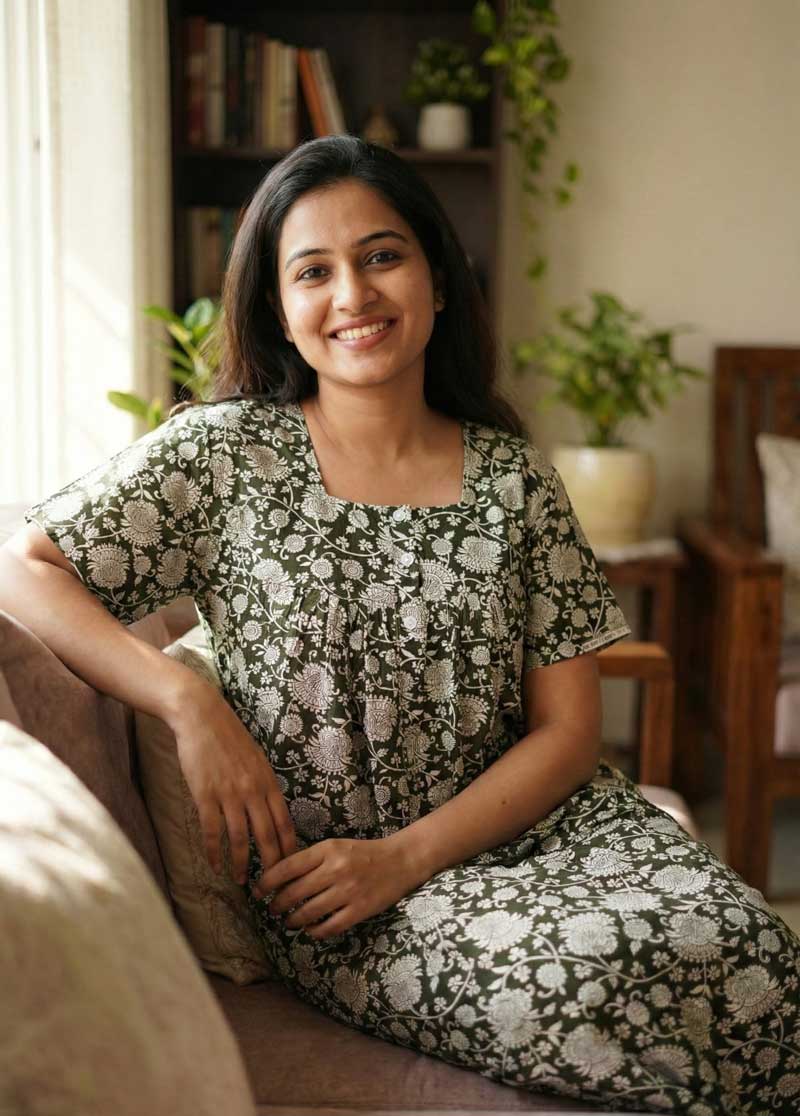 a5 Comfortable Front Open Cotton Nighty With Buttons - 55 inches long - Green - Image 1