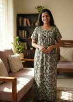 Comfortable Front Open Cotton Nighty With Buttons - 55 inches long - Green - Image 2