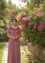 Comfortable Churidar Model Cotton Nighty with Buttons - 57 Inches Long - Maroon + White Lines - Image 2