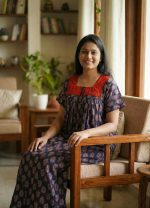 Front Open  Ajrak Cotton Nighty With Buttons, 55 Inches Long, Square Hacoba Neck - Dark Blue