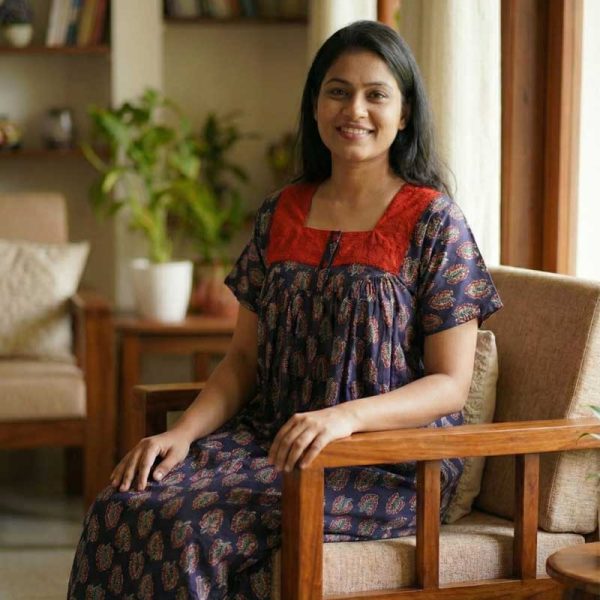 Front Open  Ajrak Cotton Nighty With Buttons, 55 Inches Long, Square Hacoba Neck - Dark Blue