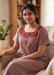 Comfortable Churidar Model Cotton Nighty with Buttons - 57 Inches Long - Maroon + White Lines