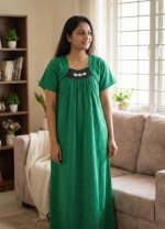 Traditional Cotton Nighty, 55 Inches Length - Green - Image 2