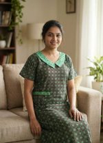 Comfortable Churidar Model Cotton Nighty with Peter-Pan Collar - 55 Inches Long - Black + Green - Image 2
