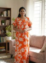 Comfortable Front Open Cotton Nighty With Buttons - 55 inches long - Orange - Image 2