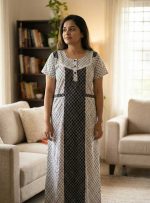 Comfortable Churidar Model Cotton Nighty - 55 Inches Long - White + Black - Image 2