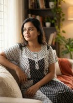 Comfortable Churidar Model Cotton Nighty - 55 Inches Long - White + Black