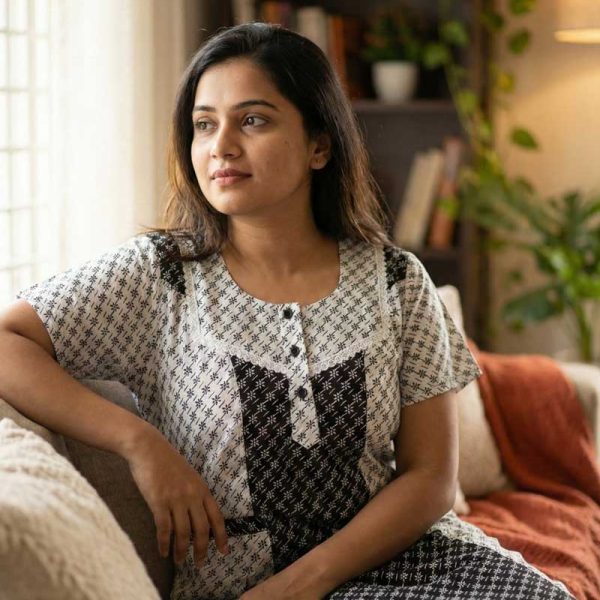 Comfortable Churidar Model Cotton Nighty - 55 Inches Long - White + Black