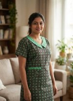 Comfortable Churidar Model Cotton Nighty with Peter-Pan Collar - 55 Inches Long - Black + Green