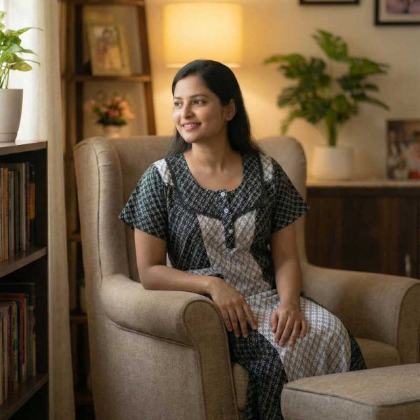 Comfortable Churidar Model Cotton Nighty - 55 Inches Long - Black+ White