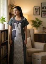 Comfortable Churidar Model Cotton Nighty - 55 Inches Long - Black+ White - Image 2