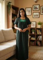 Traditional Cotton Nighty, 55 Inches Length - Black + Green - Image 2