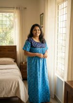 Comfortable Front Open Cotton Nighty With Buttons - 57 Inches long - Blue - Image 2