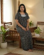 Traditional Cotton Nighty, 55 Inches Length - Black - Image 2