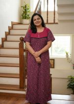 Comfortable Front Open Cotton Nighty With Buttons - 57 Inches long - Black + Magenta - Image 2