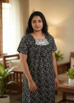 Traditional Cotton Nighty, 55 Inches Length - Black