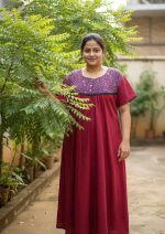 Comfortable Front Open Cotton Nighty With Buttons - 57 Inches long - Magenta + Black - Image 2