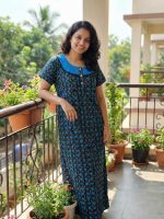 Comfortable Churidar Model Cotton Nighty with Buttons - 55 Inches Long - Black - Image 2