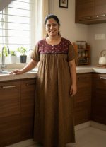 Comfortable Front Open Cotton Nighty With Buttons - 57 Inches long - Chocolate + Maroon - Image 2