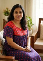 Comfortable Front Open Cotton Nighty With Buttons - 57 Inches long - Blue + Red